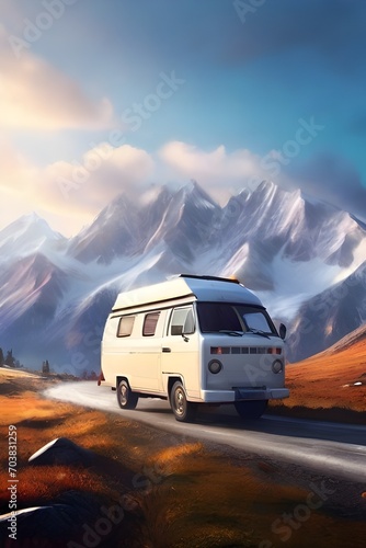 Camper van on a road on a winding mountain road in winter. outdoor nature vacation concept. Picturesque park. Travel on epic road trip through mountains. Nomadic vanlife lifestyle. Life on the road