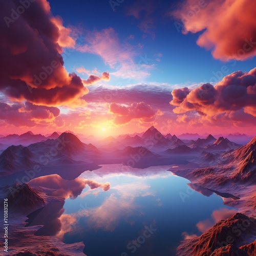 Fantasy landscape with mountains, lake and clouds
