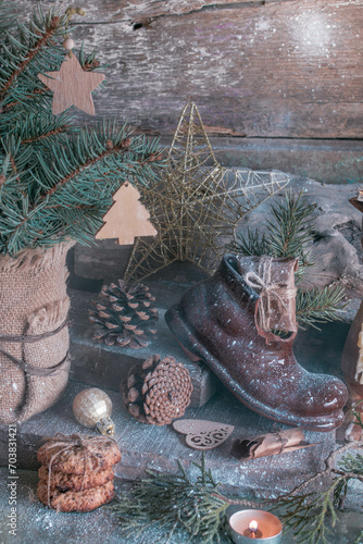 christmas tree decoration still-life card gift box cone star shoe fir beauty celebration winter snow season old wood background nature 