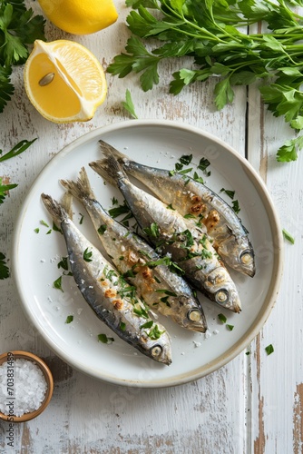 Sardines, lemon, greenery and salt on white plate on wooden kitchen table. Mediterranean cuisine