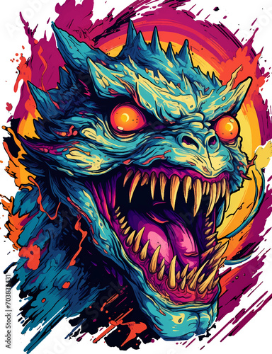 T-shirt design featuring a scary monster head. transparent background © Ahmad