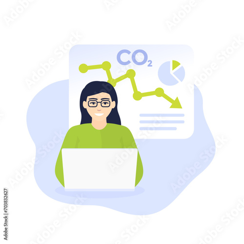 co2, carbon emission reduction, woman analyzing data, vector illustration