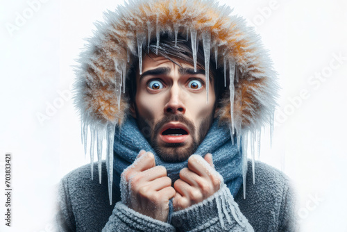 a frozen person, braving the icy conditions with a surprised expression on solid white background. ai generative photo
