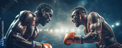 Two emotional strong black man boxers in dynamic action in boxing ring. © Andrii IURLOV