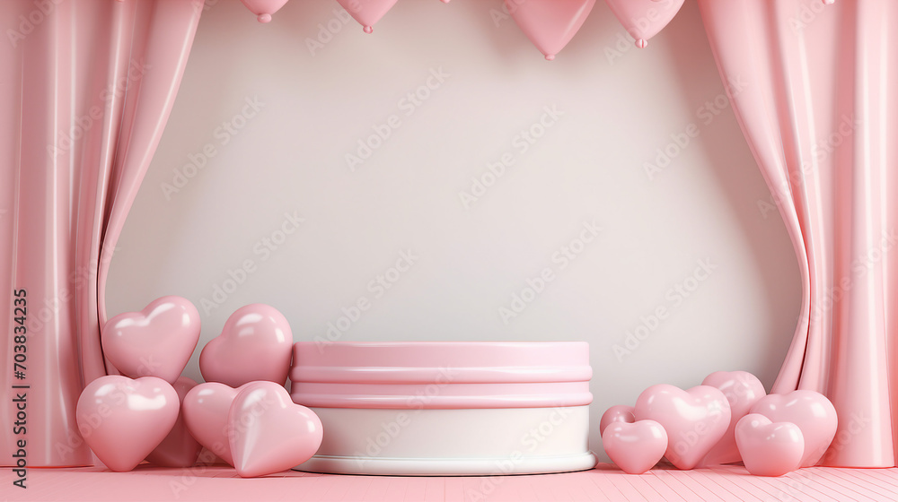 Elegant White Cylinder Podium with Pink Heart Border, Ideal for Romantic Celebrations and Valentine's Day Displays, Copy Space for Your Creativity Elegant White Cylinder Podium with Pink Heart Border, Ideal for Romantic Celebrations and Valentine's Day Displays, Copy Space for Your Creativity