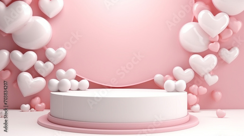 Elegant White Cylinder Podium with Pink Heart Border, Ideal for Romantic Celebrations and Valentine's Day Displays, Copy Space for Your Creativity © Sunanta