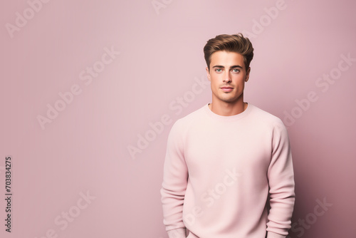 Mockup shirt for design. Portrait of confident young man in short blonde hair wear blank long sleeve T-Shirt.