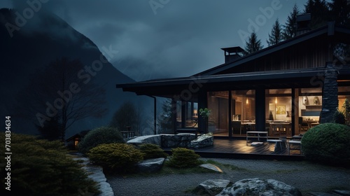 Modern mountain house exterior with beautiful landscape © duyina1990