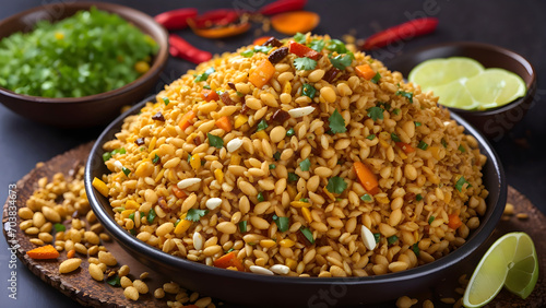 Traditional mexican rice served with green peas on wooden table Ai Generated