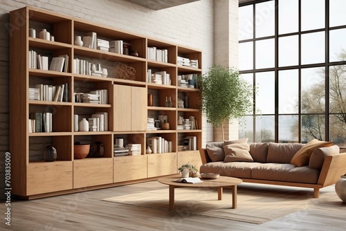 Wooden bookcase in interior of modern living room