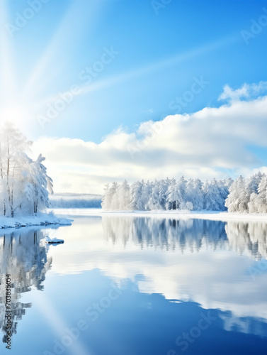A body of water with snow covered trees and blue sky. Winter landscape