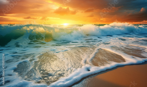 Tropical beach panorama view with foam waves before storm, seascape with Palm trees, sea or ocean water under sunset sky with dark blue clouds. Background summer © Andrii IURLOV