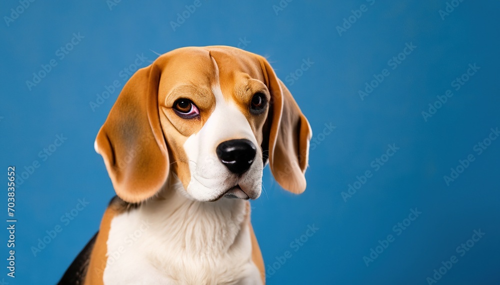 Close-up portrait of an adorable dog, isolated on a blue background with large copy space.