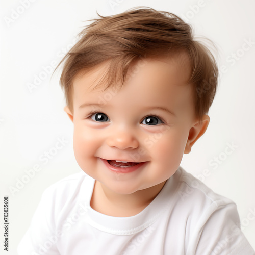 portrait of a smiling two month old cute baby boy smiling face white background