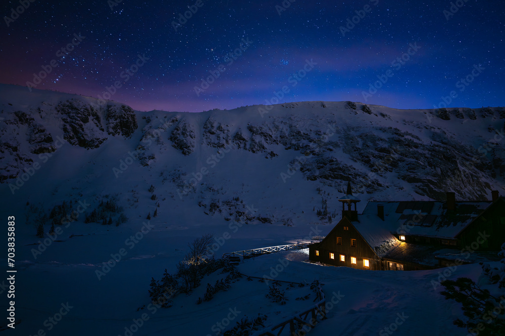 Giant mountains during winter night in Poland