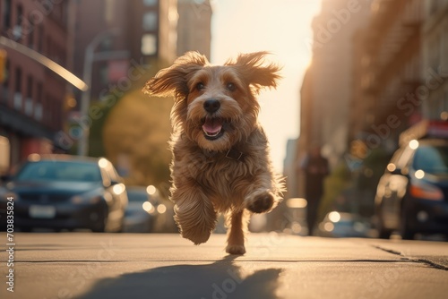 A playful and curious dog runs quickly along a sunny city street.