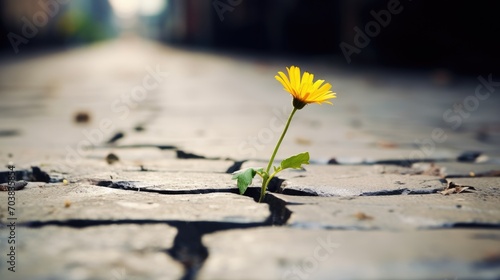 A lonely yellow flower grows from a crack in the asphalt road. Neutral blurred background. Place for text. © photolas