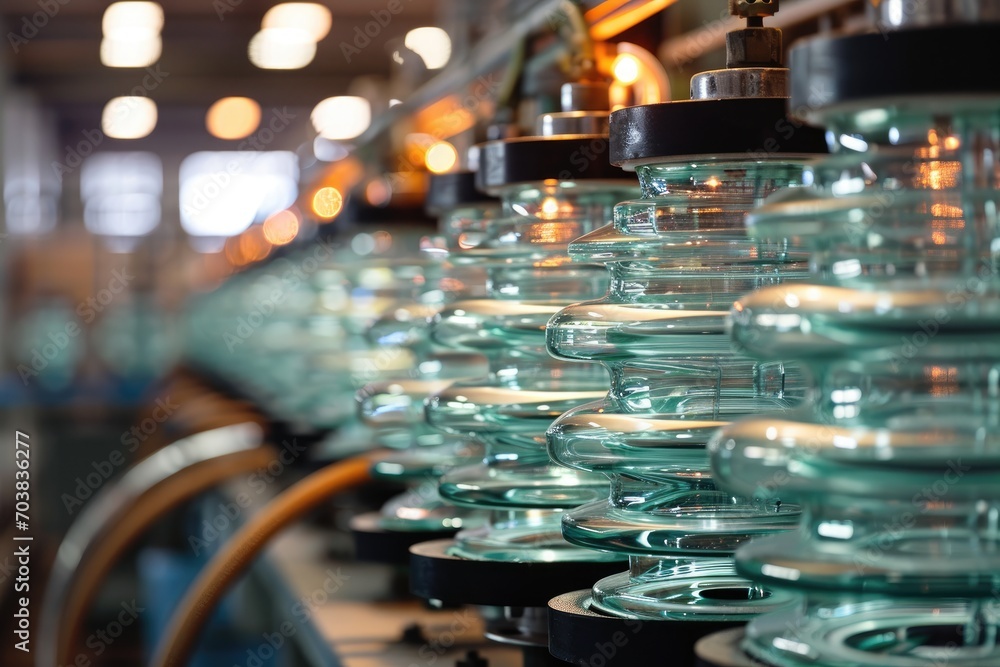 Glass electrical insulators in stock of the manufacturer's plant. Stacks of high voltage equipment for power plants. - obrazy, fototapety, plakaty 