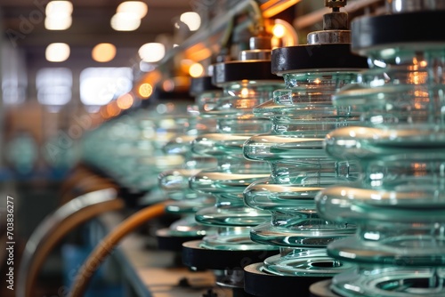 Glass electrical insulators in stock of the manufacturer's plant. Stacks of high voltage equipment for power plants.