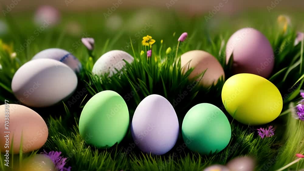 Multi-colored Easter eggs in a spring meadow among wildflowers Multi-colored Easter eggs in a spring meadow among wildflowers