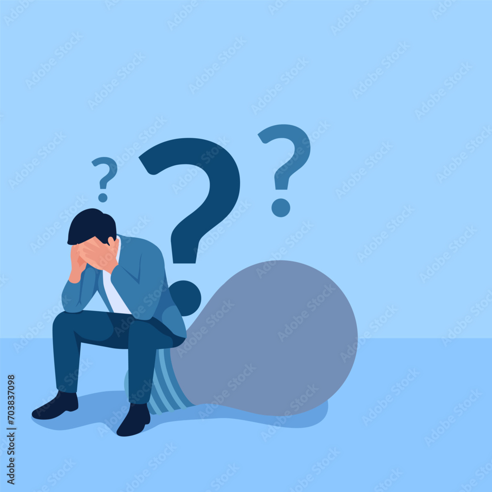 people sit confused over dead lights full of question marks, a metaphor for mental blocks. Simple flat conceptual illustration. people sit confused over dead lights full of question marks, a metaphor for mental blocks. Simple flat conceptual illustration.