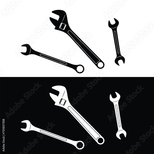 Set of 3 different types of spanner silhouette vector. Work tool icon for web, tag, label, mechanical shop, garage, repair shop, workshop. Work tools for the mechanic, engineer