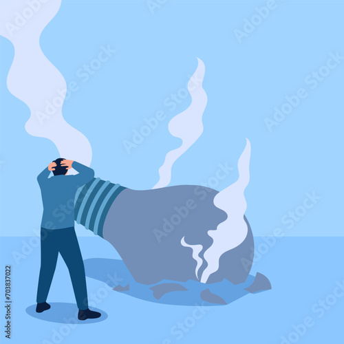 people are shocked to see smoking dead lights, a metaphor for mental blocks. Simple flat conceptual illustration.