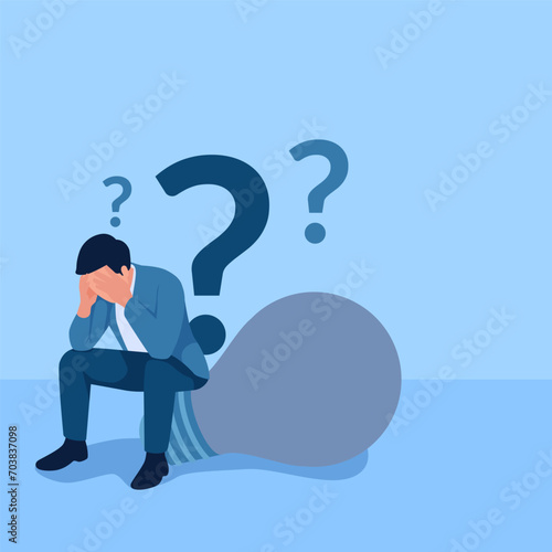 people sit confused over dead lights full of question marks, a metaphor for mental blocks. Simple flat conceptual illustration.