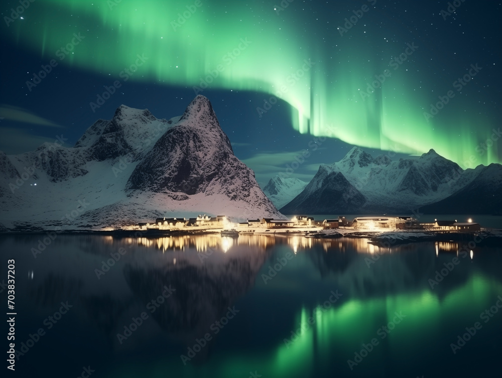 Nothern lights over the sea snowy mountains. Winter landscape. New Year concept