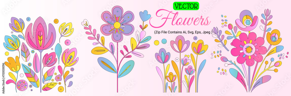 Adorable Blossoms: Pastel Color Gradient Vector Flower Pack with Minimalist Design,  Soft Color Palette