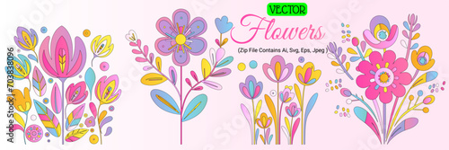 Adorable Blossoms: Pastel Color Gradient Vector Flower Pack with Minimalist Design, Soft Color Palette
