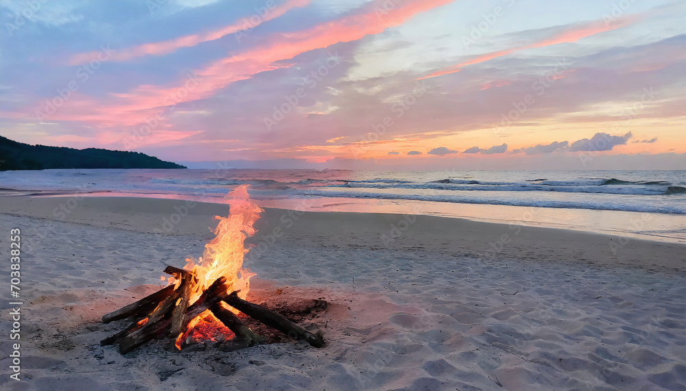 Fototapeta premium bonfire on the beach sand under the pink sunset