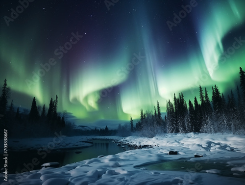 Nothern lights winter landscape. New Year concept