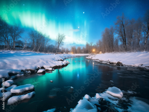 Nothern lights, forest and river winter landscape. New Year concept © Artem81