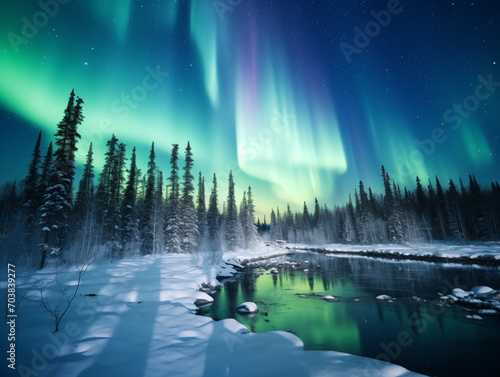 Nothern lights, forest and river winter landscape. New Year concept © Artem81