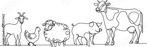 continuous single line drawing of farm animals, livestock line art vector illustration