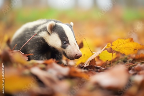 badger snuffling around colorful autumn leaves by its burrow