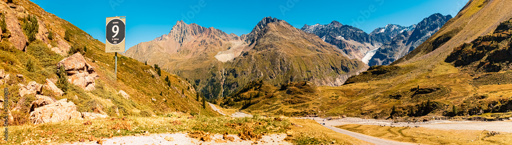 High resolution stitched alpine summer panorama at the famous Kaunertal Glacier Road, Landeck, Tyrol, Austria