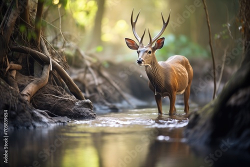 bushbuck drinking from a forest stream © stickerside