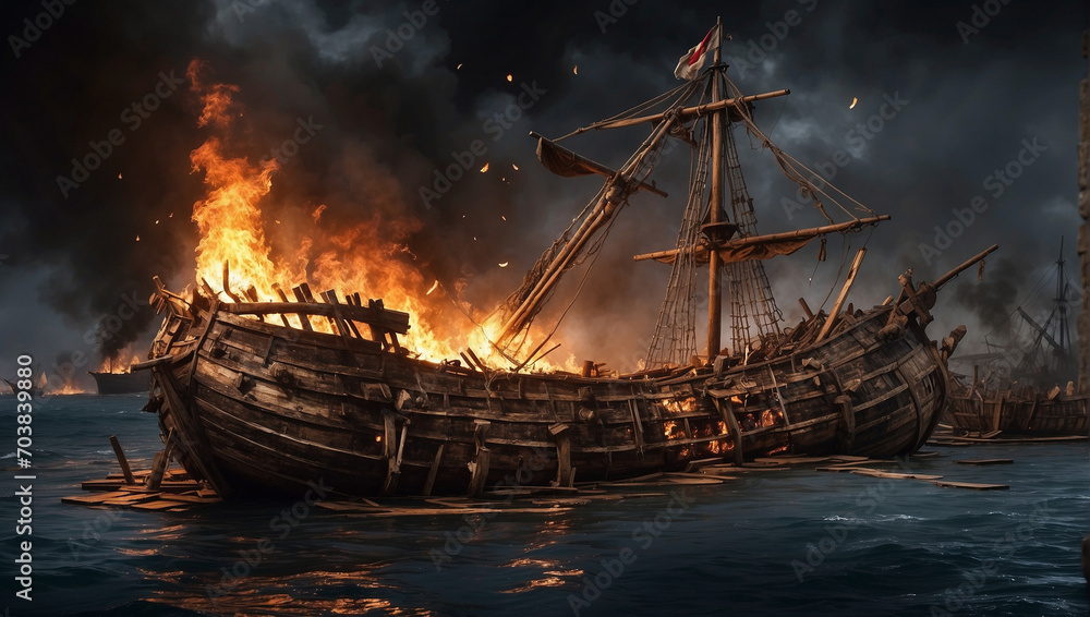 The Spanish Conquistadors ship is damage - obrazy, fototapety, plakaty 