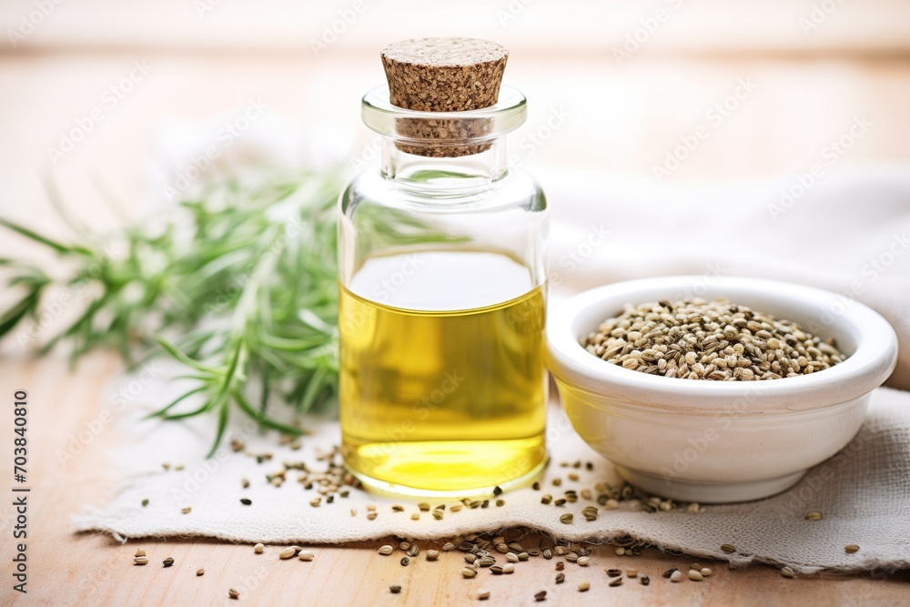 hemp oil in a clear bottle with seed garnish on side hemp oil in a clear bottle with seed garnish on side