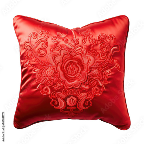 A Red Satin Pillow Adorned With Intricate Embroidery Valentines Day. Isolated on a Transparent Background. Cutout PNG.