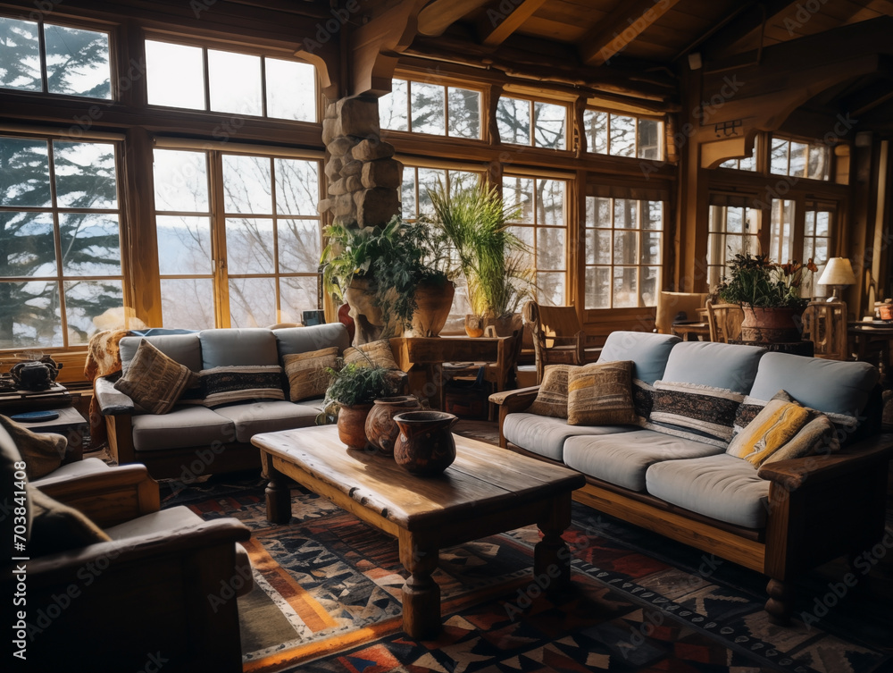 A cozy room with couches and a table. Mountain guesthouse in the Romanian countryside. Authentic interior of a wooden house