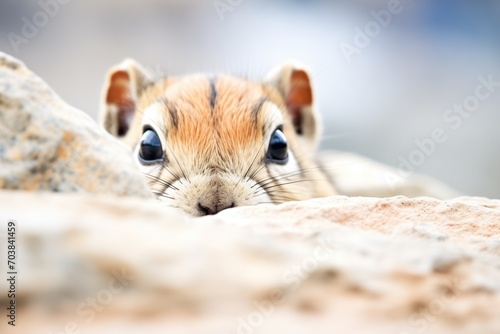 curious gerbil peeking from behind a large stone photo