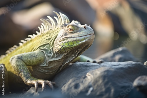 green iguana basking on a sunlit rocky outcrop © stickerside