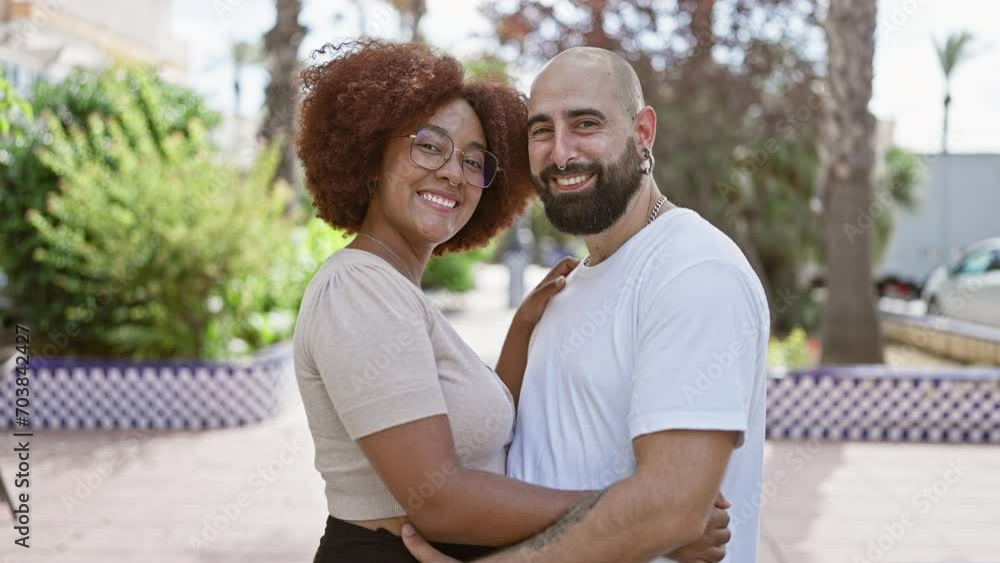 Beautiful couple, full of joy and positivity, hugging and sharing a sunny laugh in an outdoor park. casual, fun love, their confident smiles radiating happiness. Beautiful couple, full of joy and positivity, hugging and sharing a sunny laugh in an outdoor park. casual, fun love, their confident smiles radiating happiness.