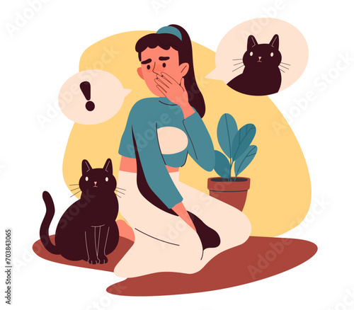Allergy to animals concept. Young girl with symptoms of allergy to cats wool. Illnes and disease. Kid and child sneezes and cough. Cartoon flat vector illustration isolated on white background