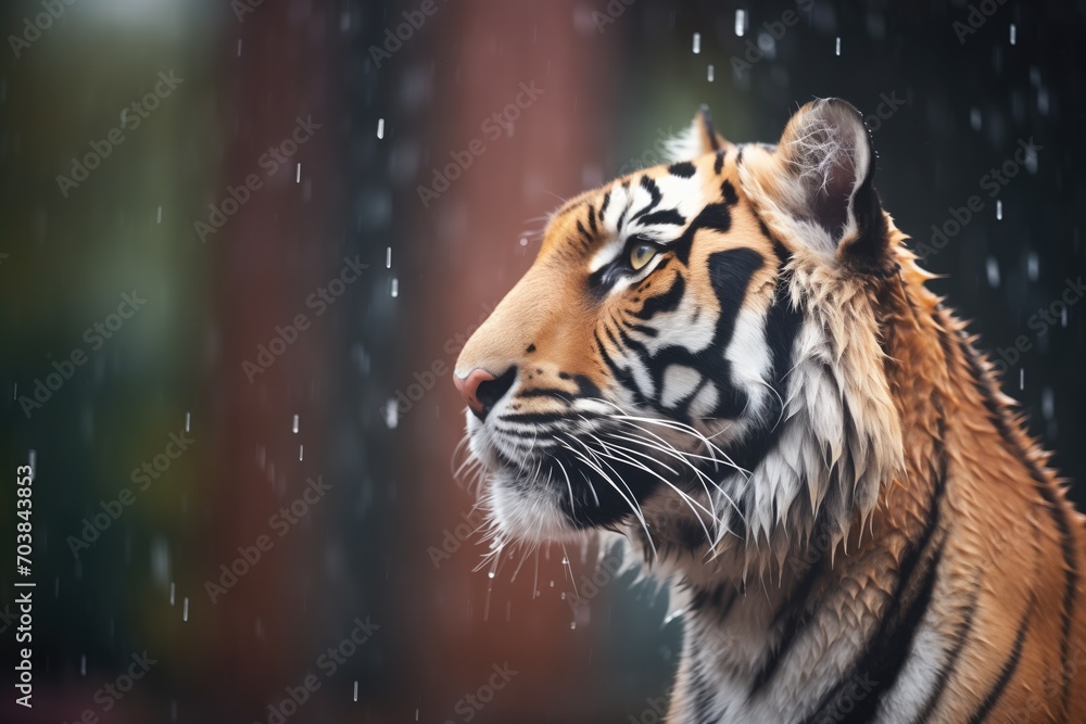 Naklejka premium tiger with damp fur during a light rainfall
