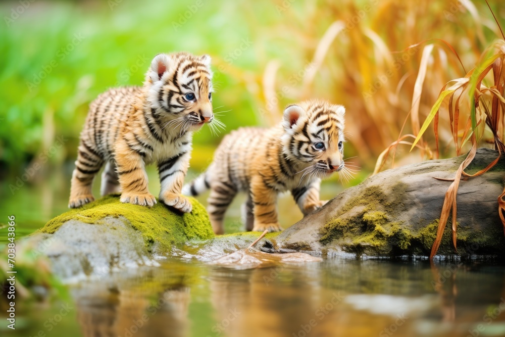 young tiger cubs playing by a small stream young tiger cubs playing by a small stream