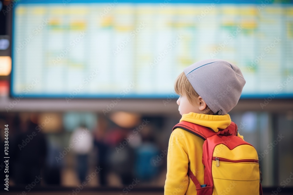 child with backpack gazing at airport flight board child with backpack gazing at airport flight board